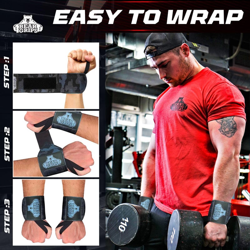 Bear Grips Wrist Wraps for Weightlifting | Weight Lifting Wrist Straps for Weightlifting | Extra Strength Gym Wrist Wraps | Two Wrist Wrap Per Pack | 12â€ & 18â€ | Lifting for Men & Women - Image 3